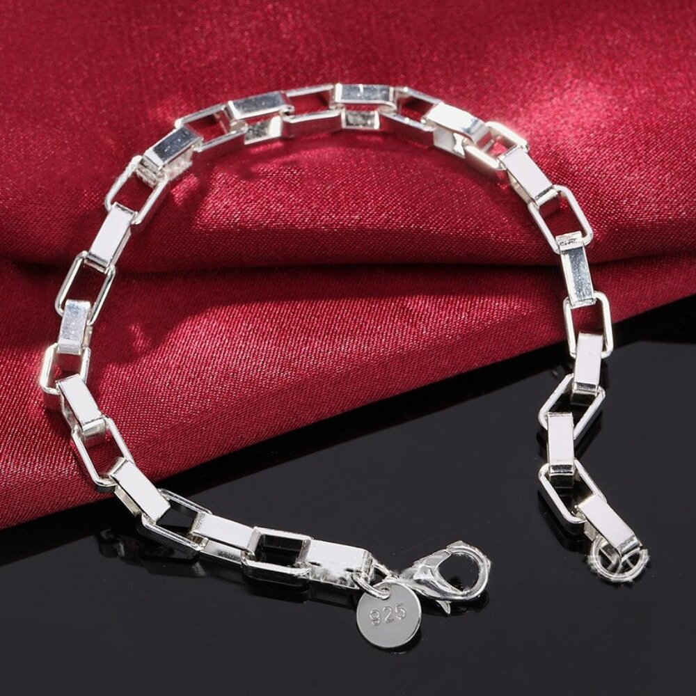 8" Unisex 925 Sterling Silver 5mm Width Square Box Chain Bracelet